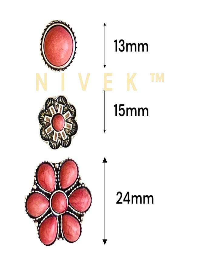 NIVEK مجموعة NIVEK من 3 أقراط مرصعة بلون المرجان والفيروز، بلمسة نهائية فضية عتيقة، بتصميم بوهيمي غربي مستوحى من الزهور المستديرة، بنمط جنوب غربي مستوحى من الصدفة (المرجانية). - Image 4